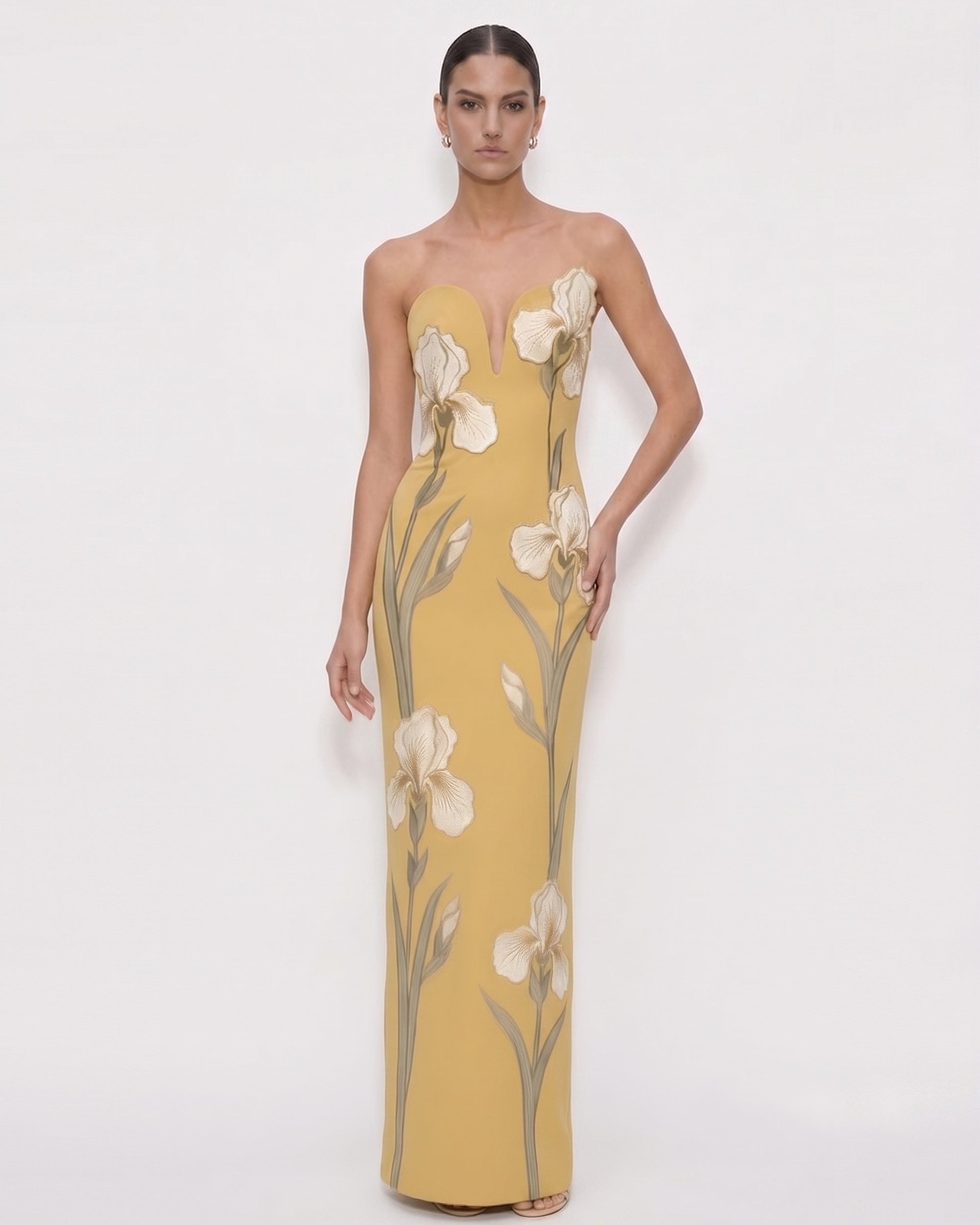 Iris Embroidered 
Notch Neck Strapless Maxi Dress
 - Mustard Yellow