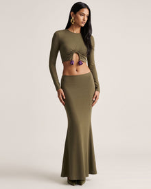 3D Embroidered Tulip Cutout Cropped Top - Olive Green