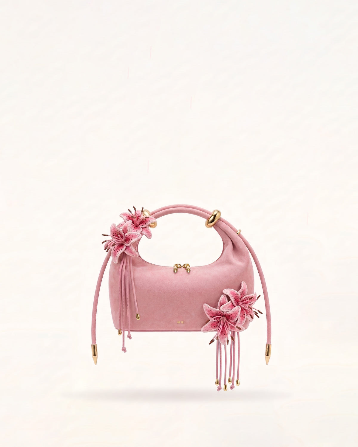 Ellie Faux Suede Metal Ring 3D Lily Embellished Top Handle Bag - Light Pink