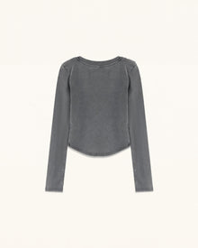 Lace Appliqué Scoop Neck Curved Cropped Tee - Washed Slate