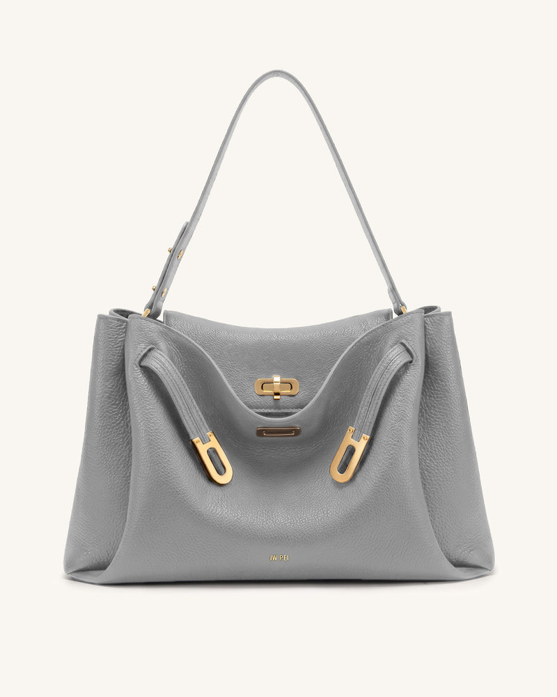 Rhea Large Pebbled Double Buckle Shoulder Bag - Smoke Gray