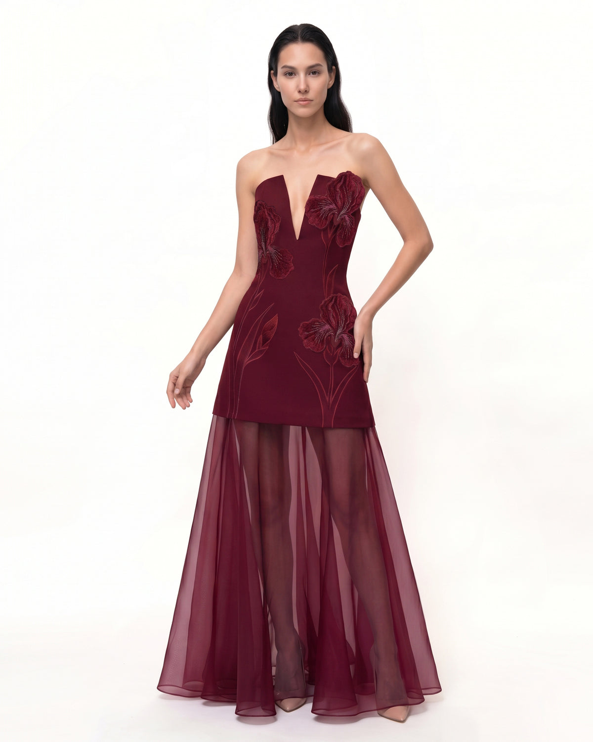 Iris Embroidered Plunge Sheer Overlay Maxi Dress - Burgundy