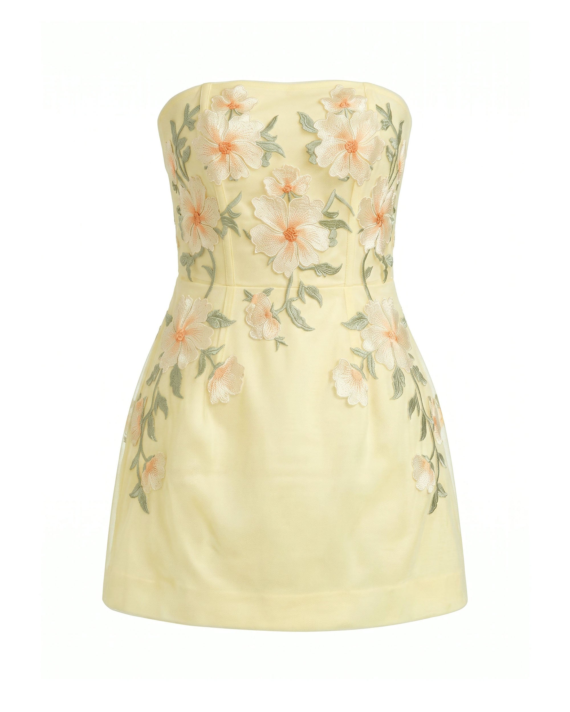 Floral Embroidered Strapless Corset Mini Dress - Light Yellow