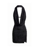 Orchid Beaded Embroidered Cowl Halter Slit Mini Dress - Black