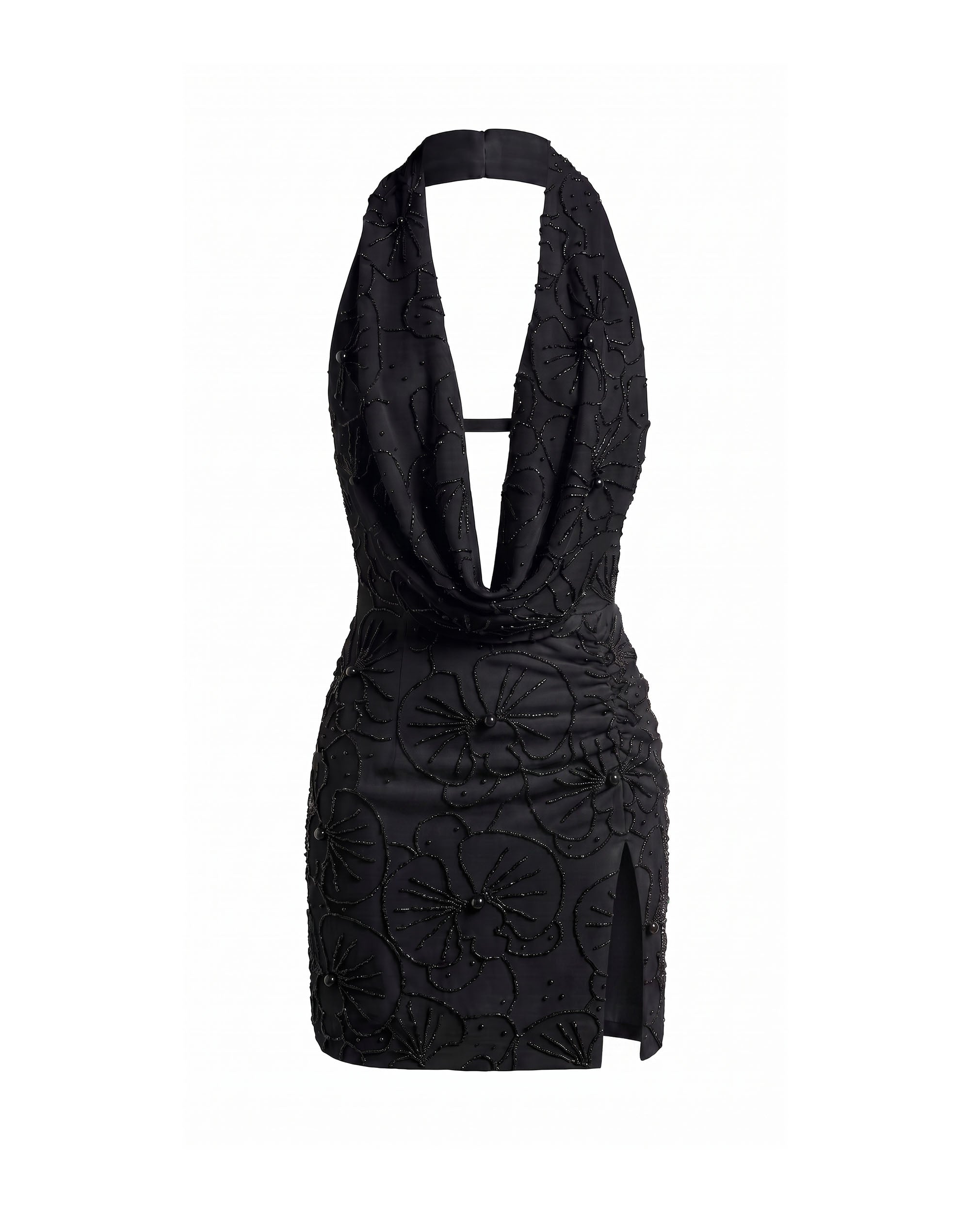 Orchid Beaded Embroidered Cowl Halter Slit Mini Dress - Black