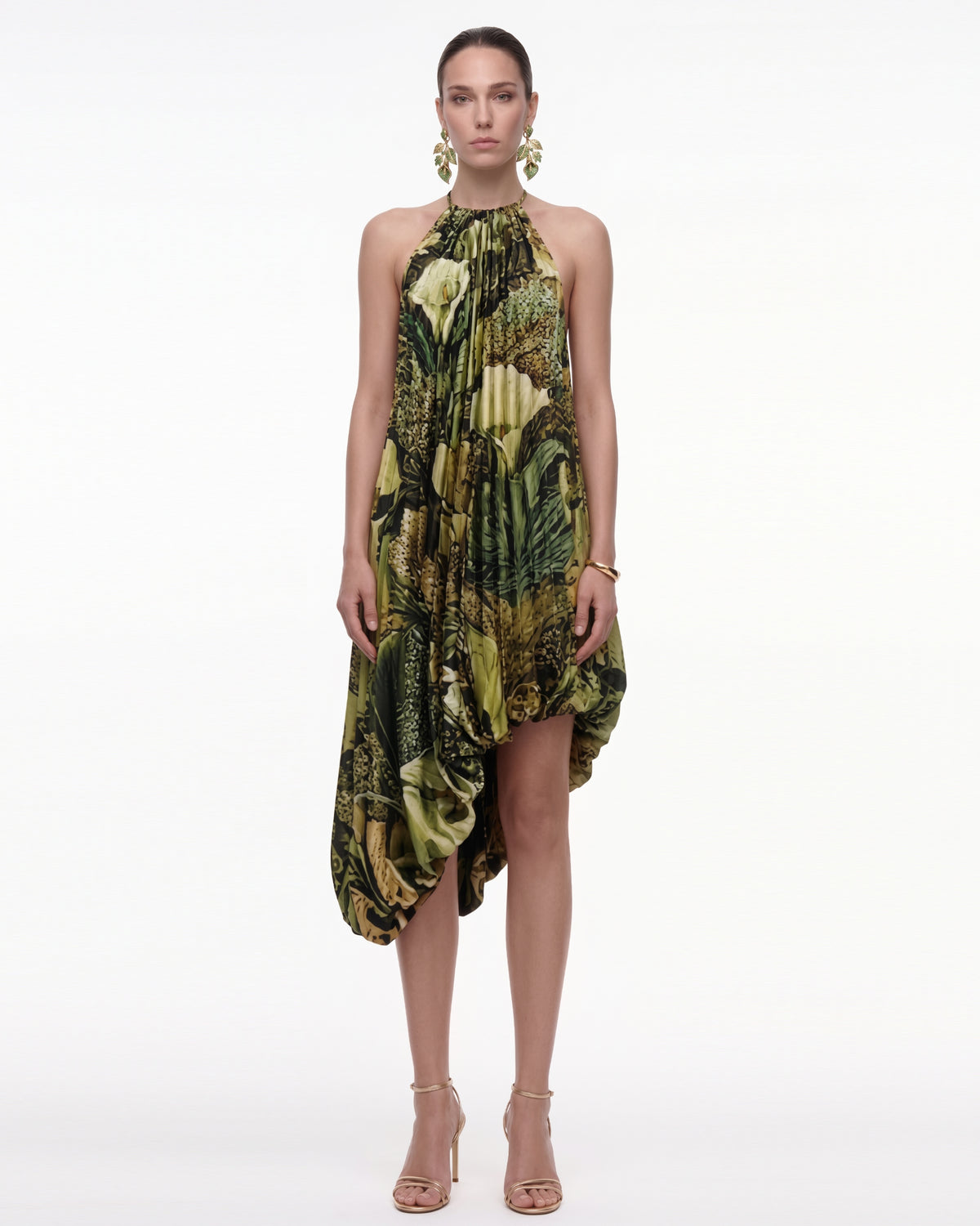 Floral Print Halter Asymmetric Bubble-Hem Midi Dress - Olive Green