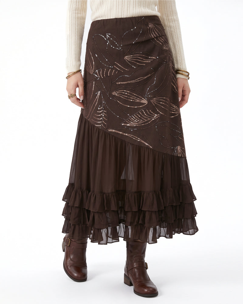 Asymmetric Ruffled Chiffon Boho Maxi Skirt - Deep Mocha