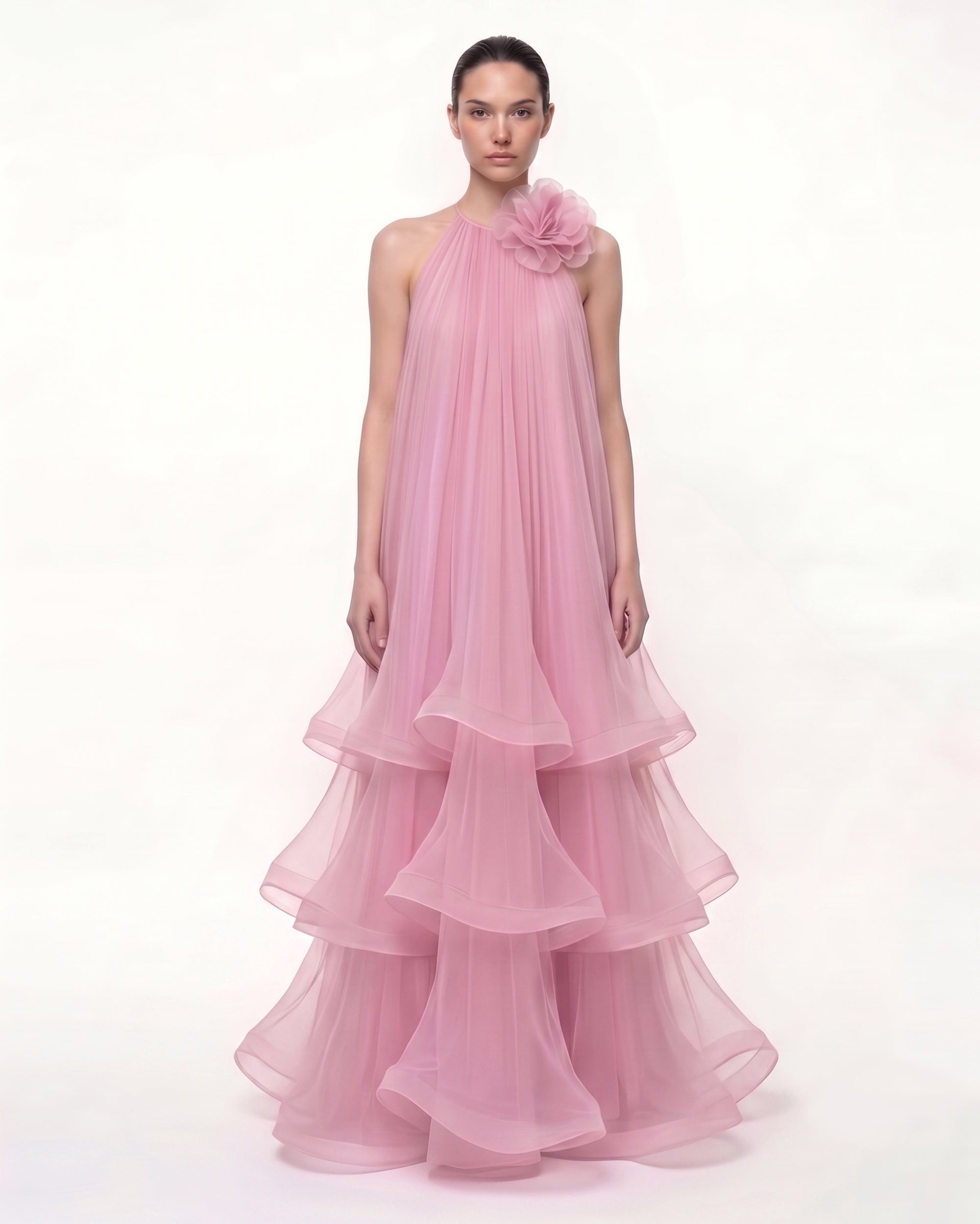 Floral Appliqué Tiered Tulle Halter Gown - Pink