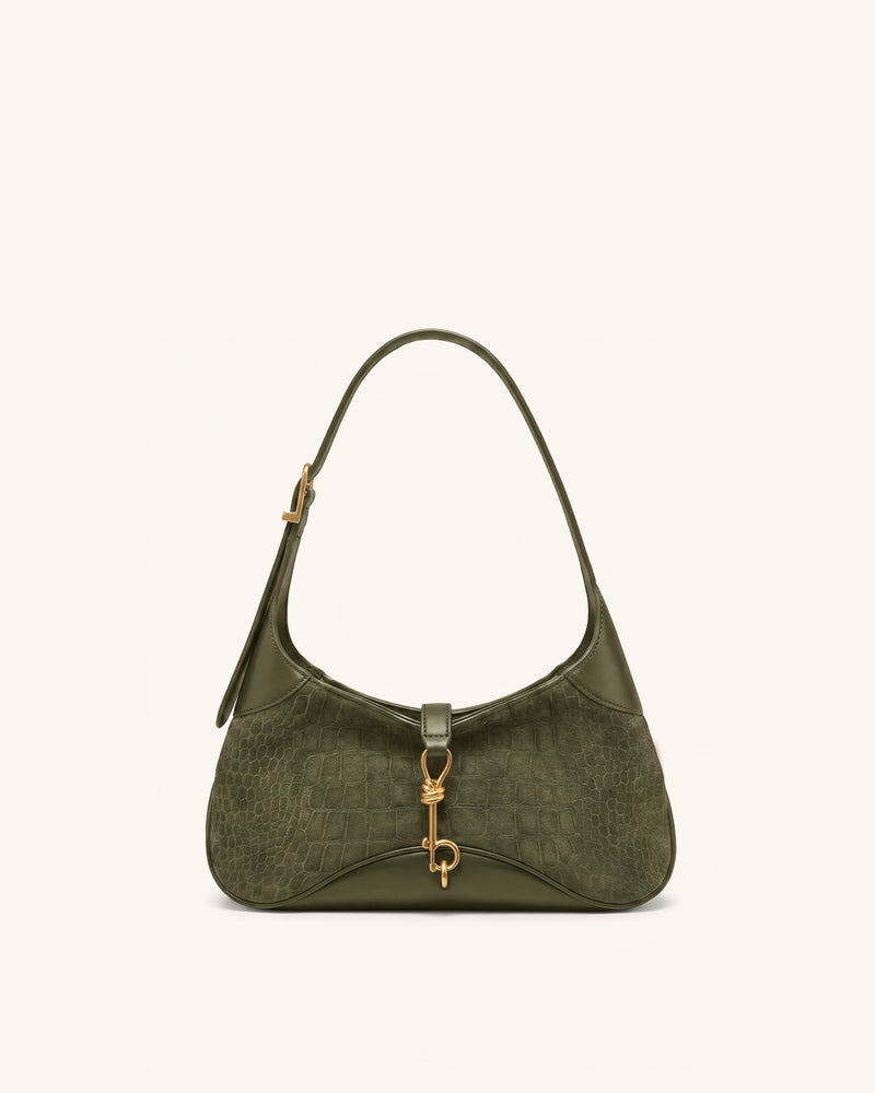 Juliette Faux Suede Key Charm East-West Shoulder Bag - Matcha Green Croc