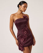 Orchid Embroidered Floral Appliqué Strapless Mini Dress - Burgundy