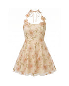 3D Floral Appliqué Sheer Mini Dress - Champagne