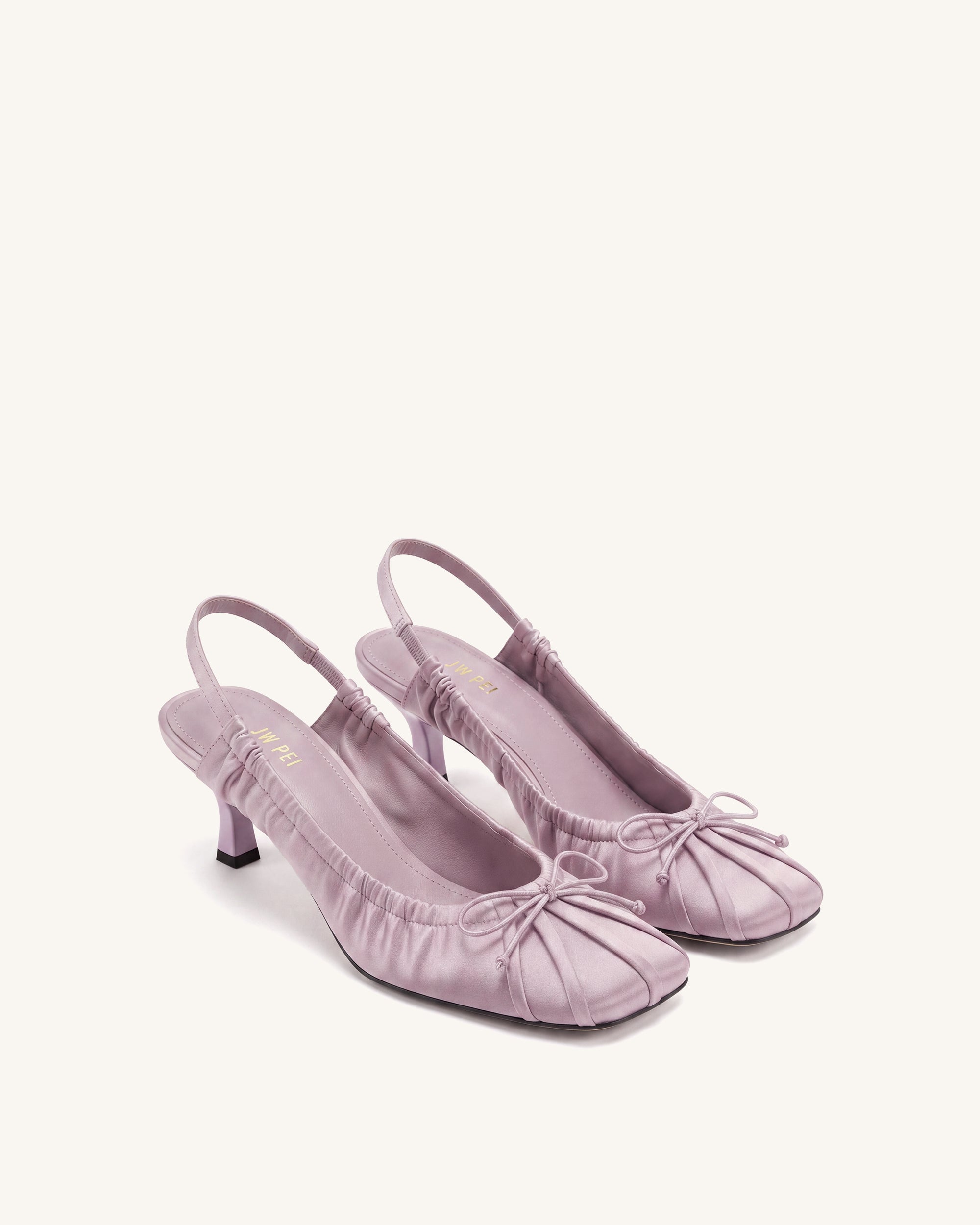 Solenne Satin Bow Ruched Slingback Pumps - Purple