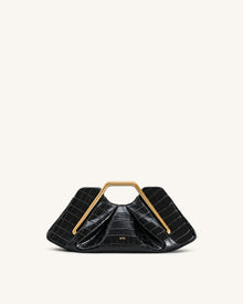 Lila Faux Croc-Effect Metal Frame Clutch - Black