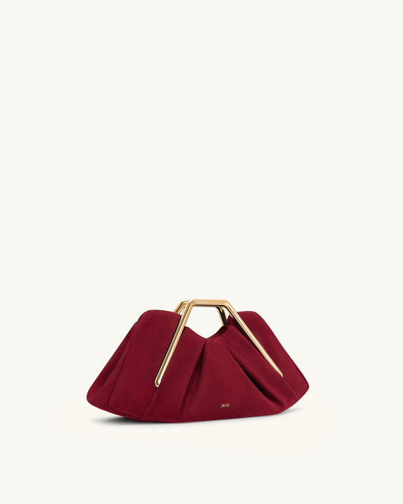 Lila Faux Suede Metal Frame Clutch - Red
