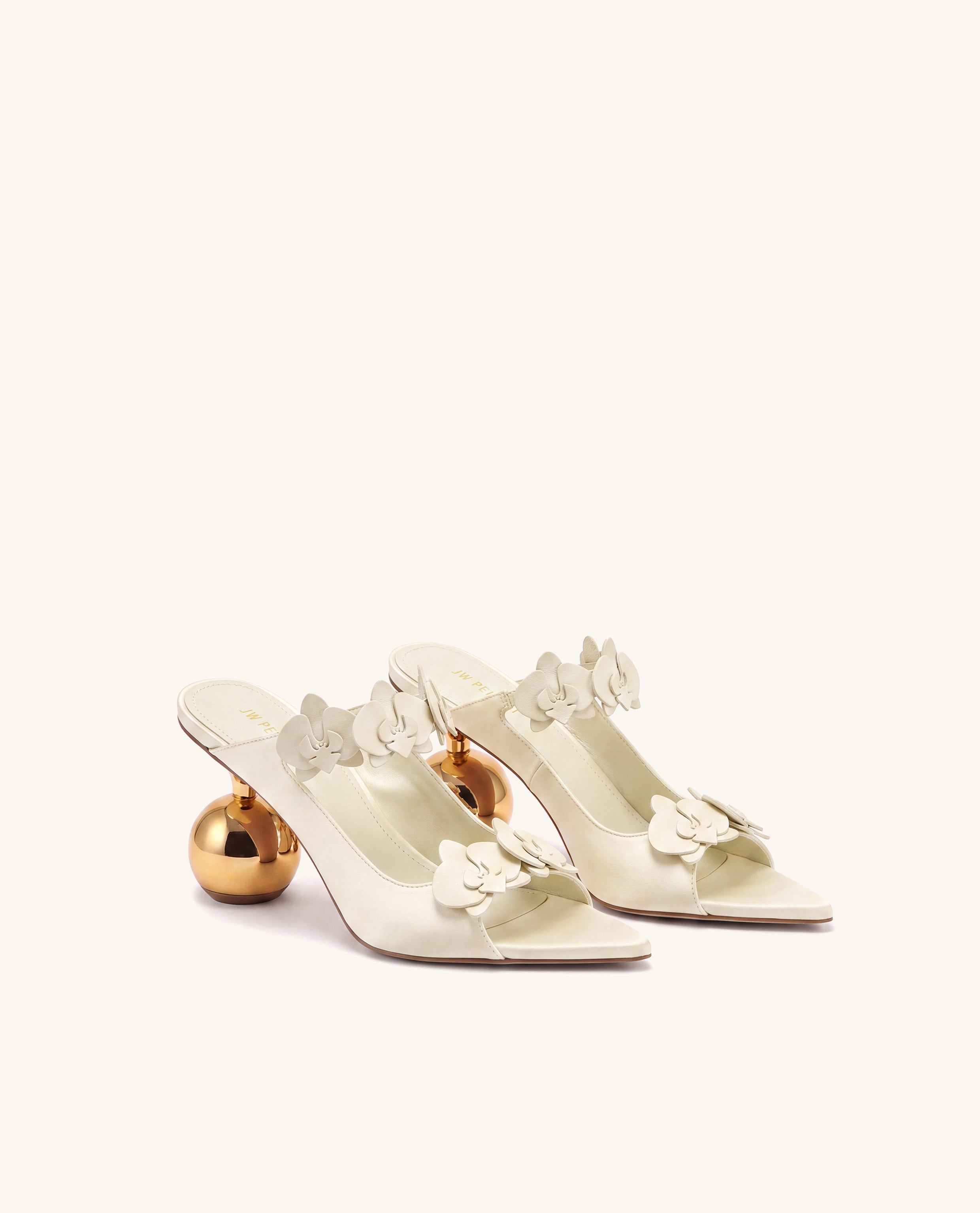 Rosalie Orchid Appliqué Sphere Heel Mules - Beige
