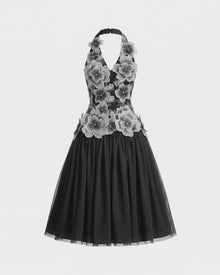 Floral Embroidered Fit-and-Flare Midi Dress - Black