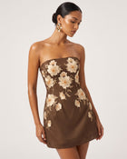 Floral Embroidered Strapless Corset Mini Dress - Brown