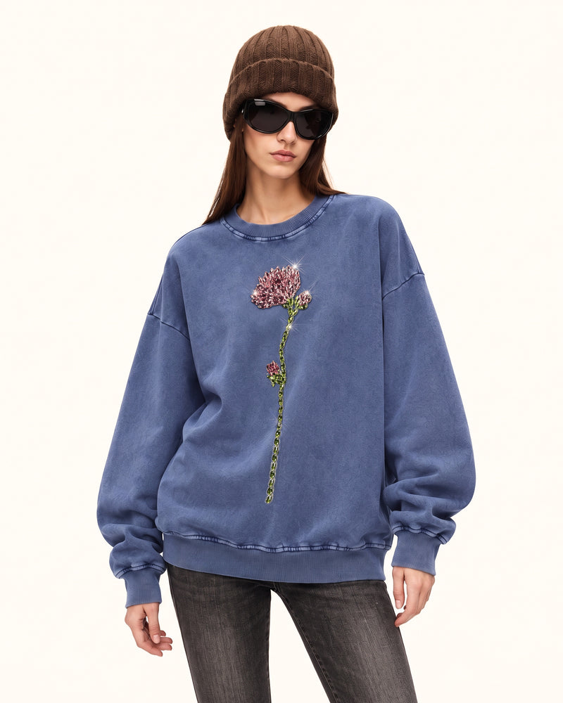 The Enchanted Rhinestone Rose Pullover - Acid Cobalt