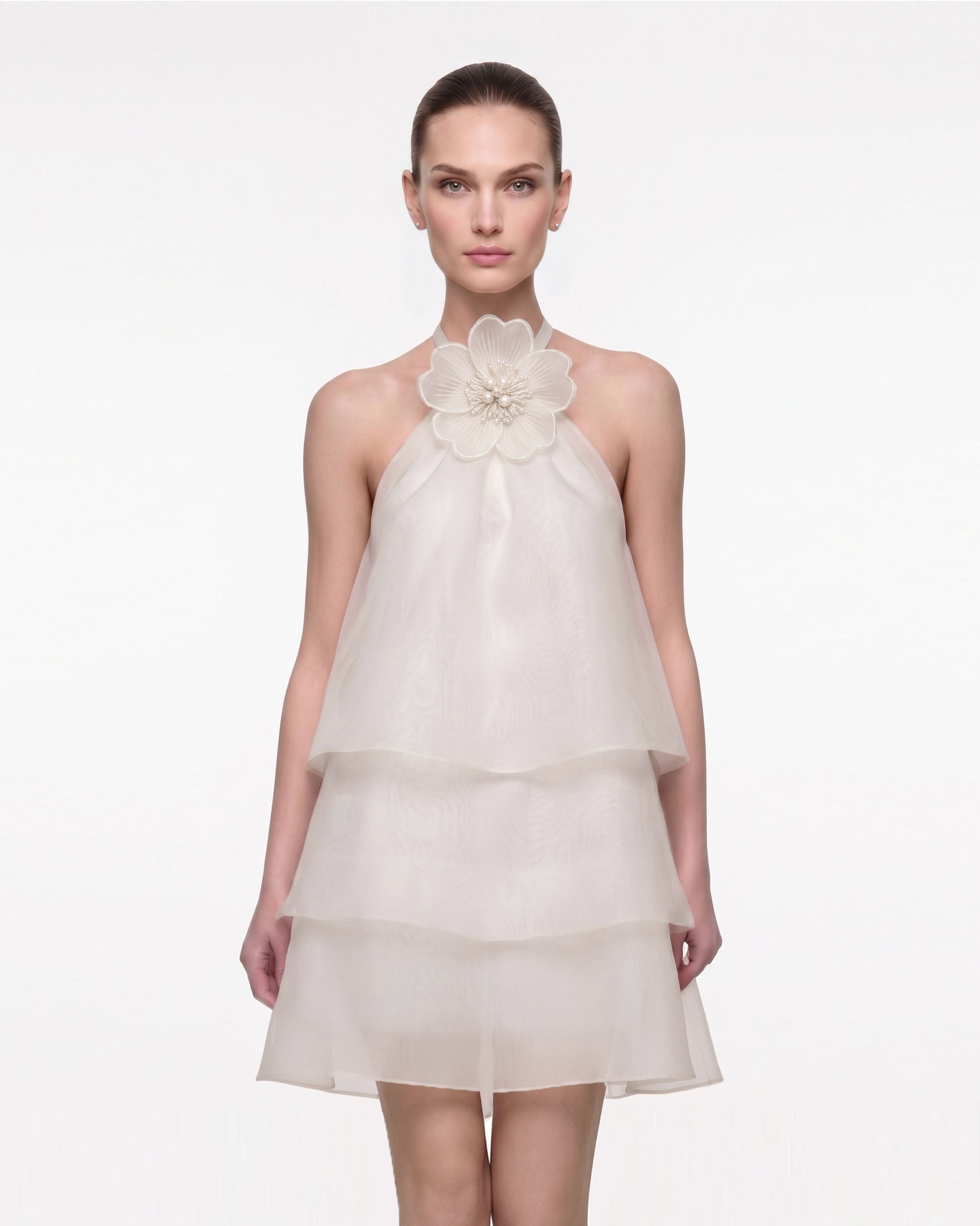 3D Floral Halter Tiered Mini Dress - Ivory