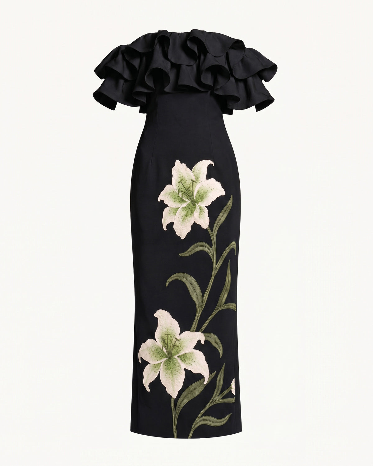 Lily Embroidered Ruffled Off-Shoulder Maxi Dress - Black