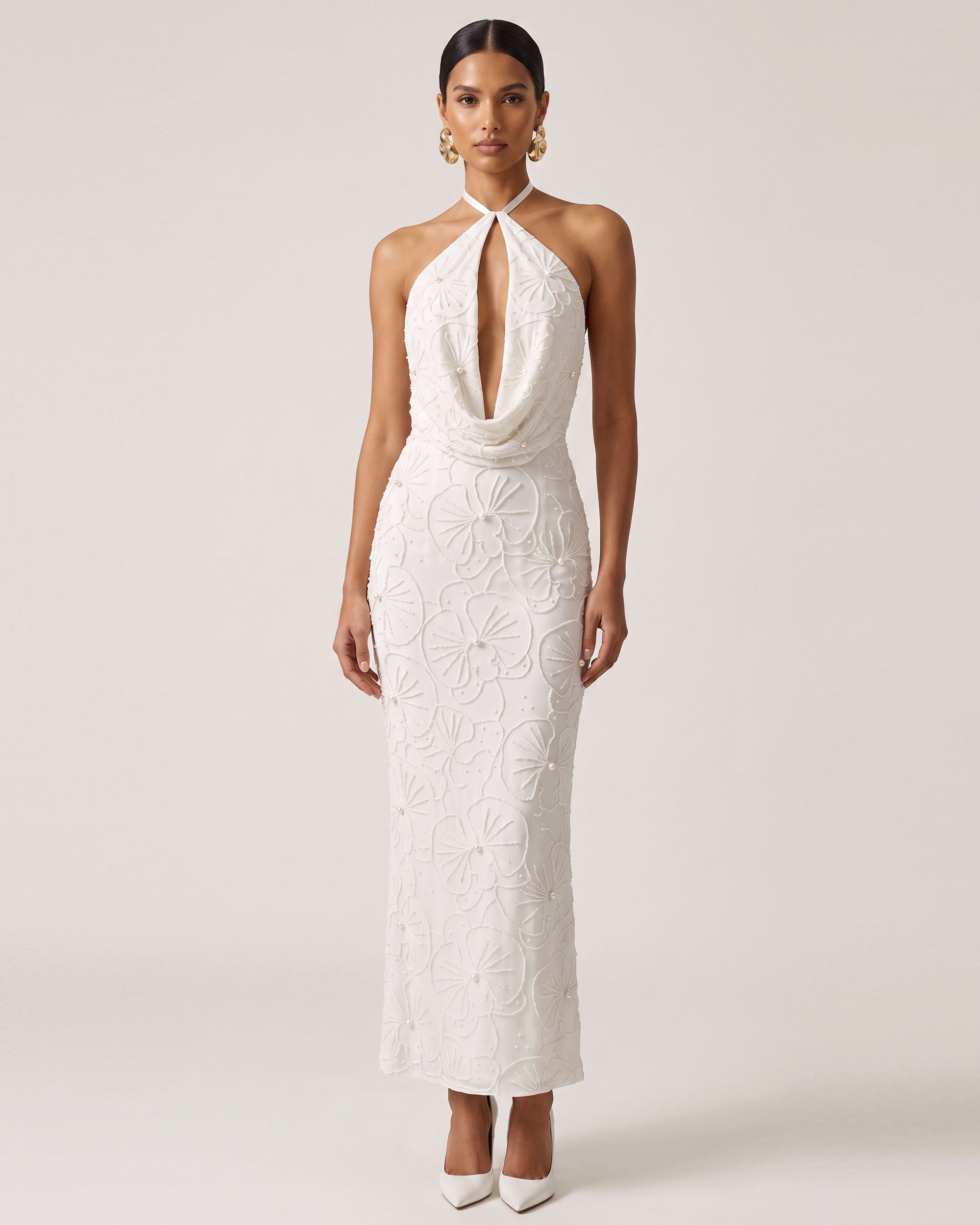 Orchid Beaded Embroidered Keyhole Cowl Halter Maxi Dress - White