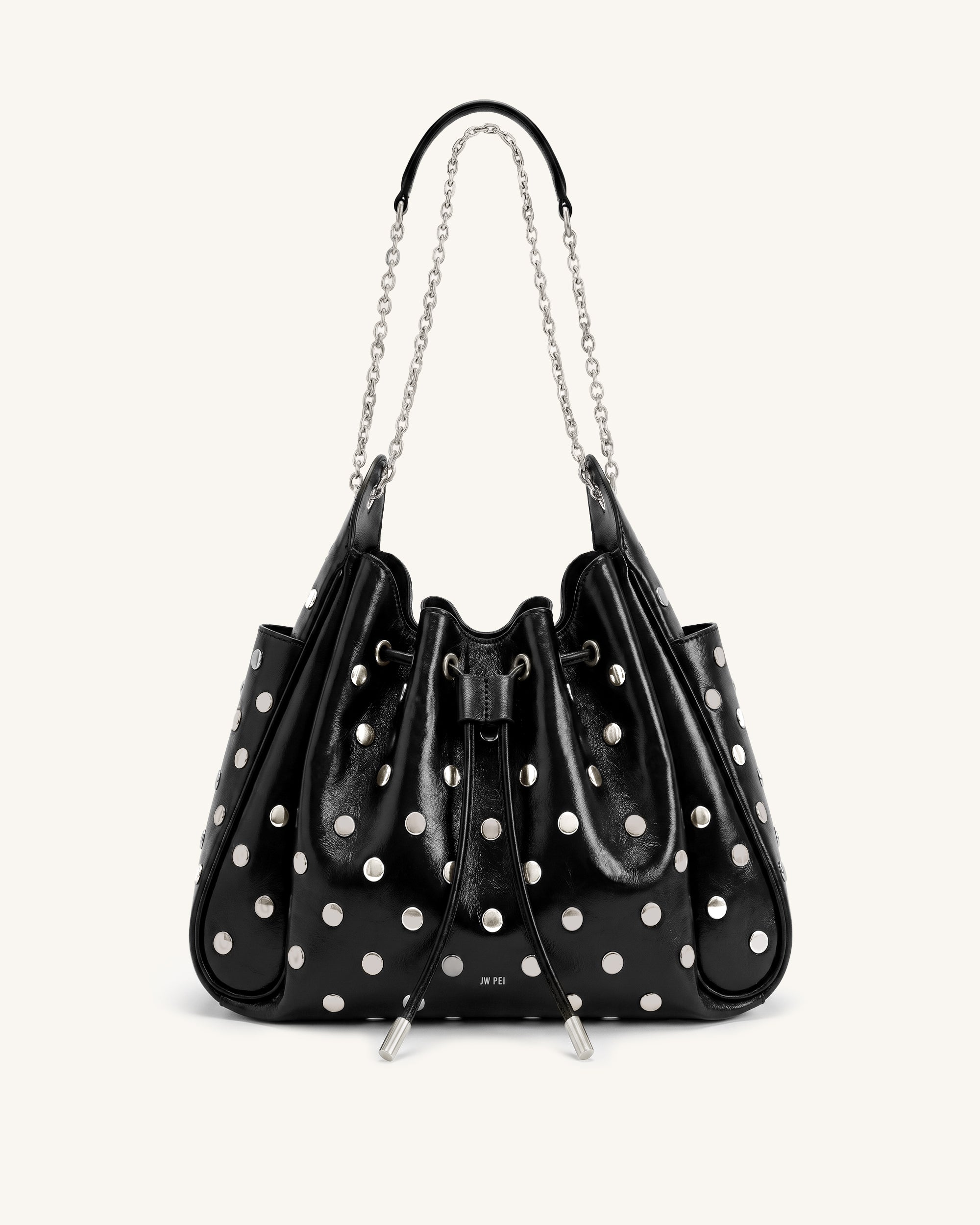 Rowan Studded Ruched Drawstring Chain Bucket Bag - Shiny Black
