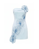 Orchid Embroidered Floral Appliqué Strapless Mini Dress - Blue