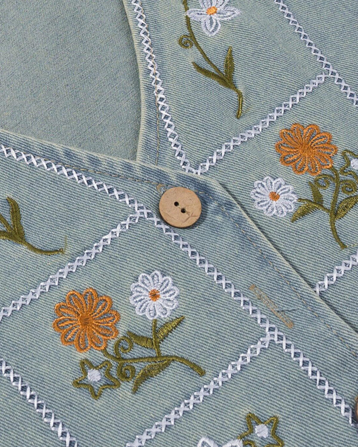 Folk Daisy Embroidered Denim Vest - Washed Sage