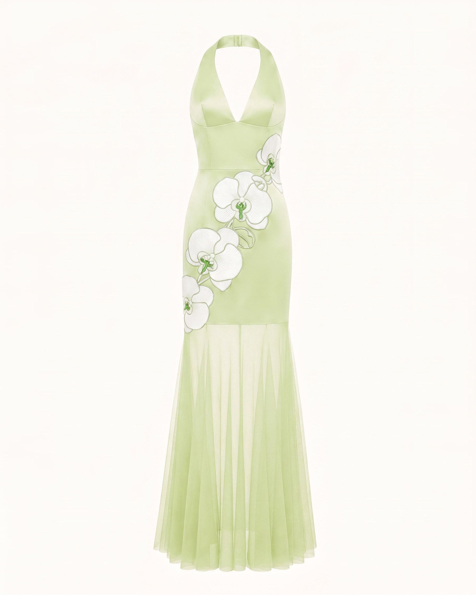 Orchid Embroidered Sheer Hem Halter Maxi Dress - Green