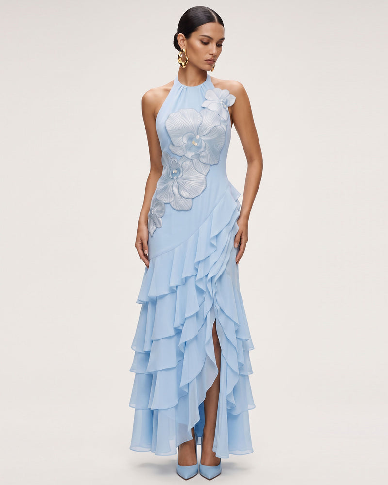 Orchid Embroidered Halter Asymmetric Ruffle Maxi Dress - Light Blue