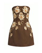 Floral Embroidered Strapless Corset Mini Dress - Brown