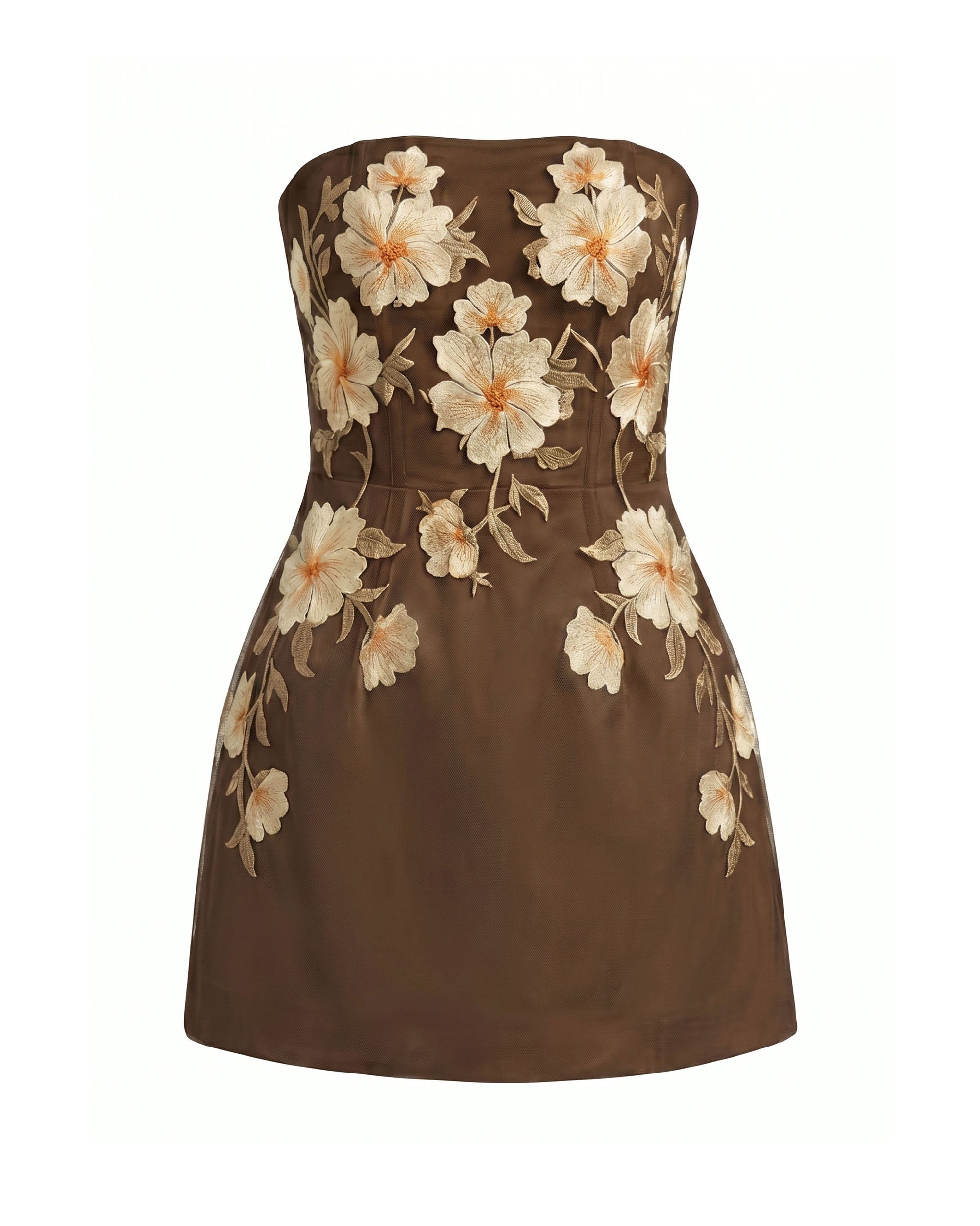 Floral Embroidered Strapless Corset Mini Dress - Brown