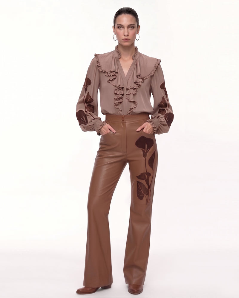 Calla Lily Ruffle Blouse - Brown