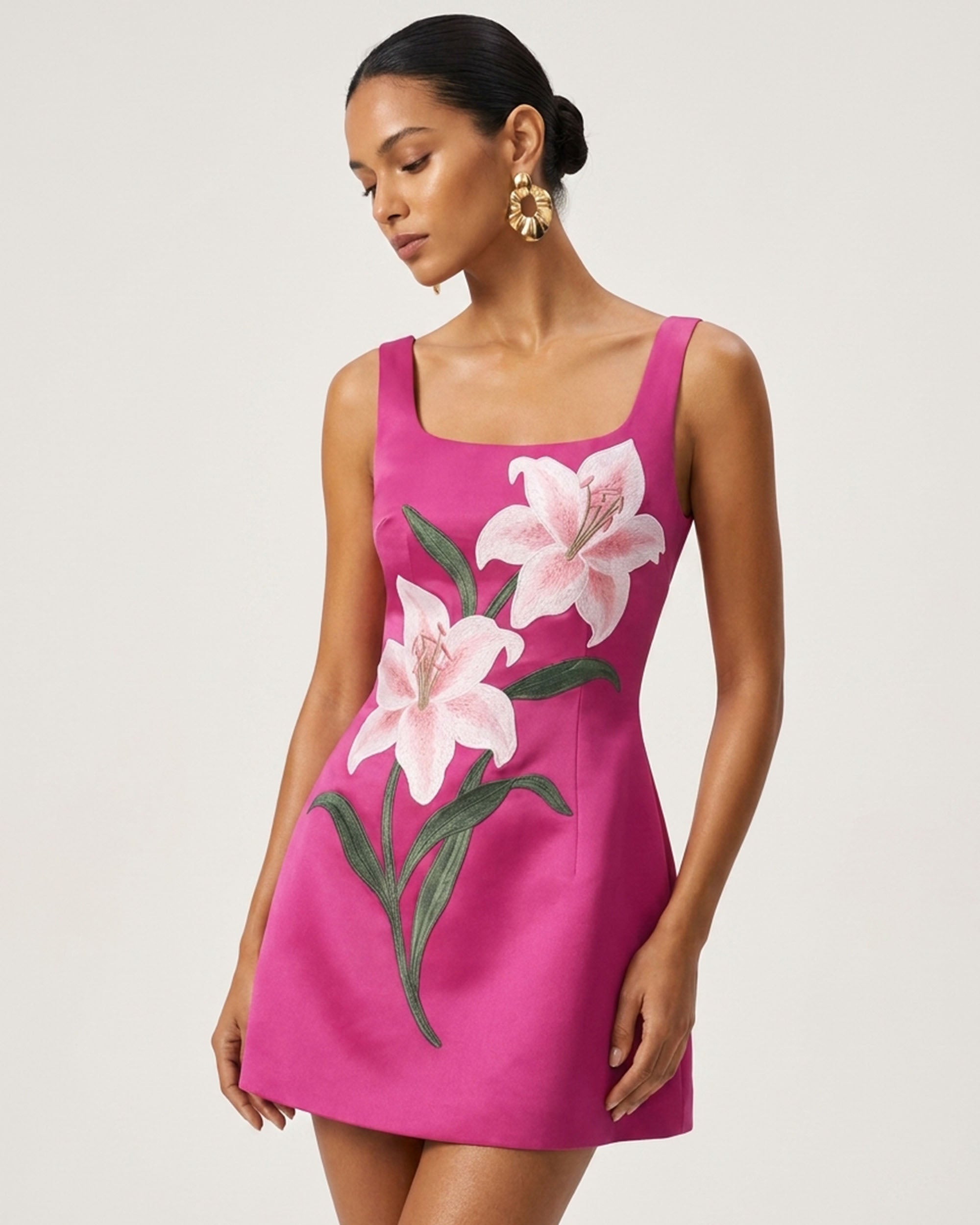 Lily Floral Print Sleeveless A-Line Mini Dress - Fuchsia