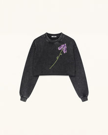 Gem Flower Embellished Cotton T-Shirt - Faded Obsidian