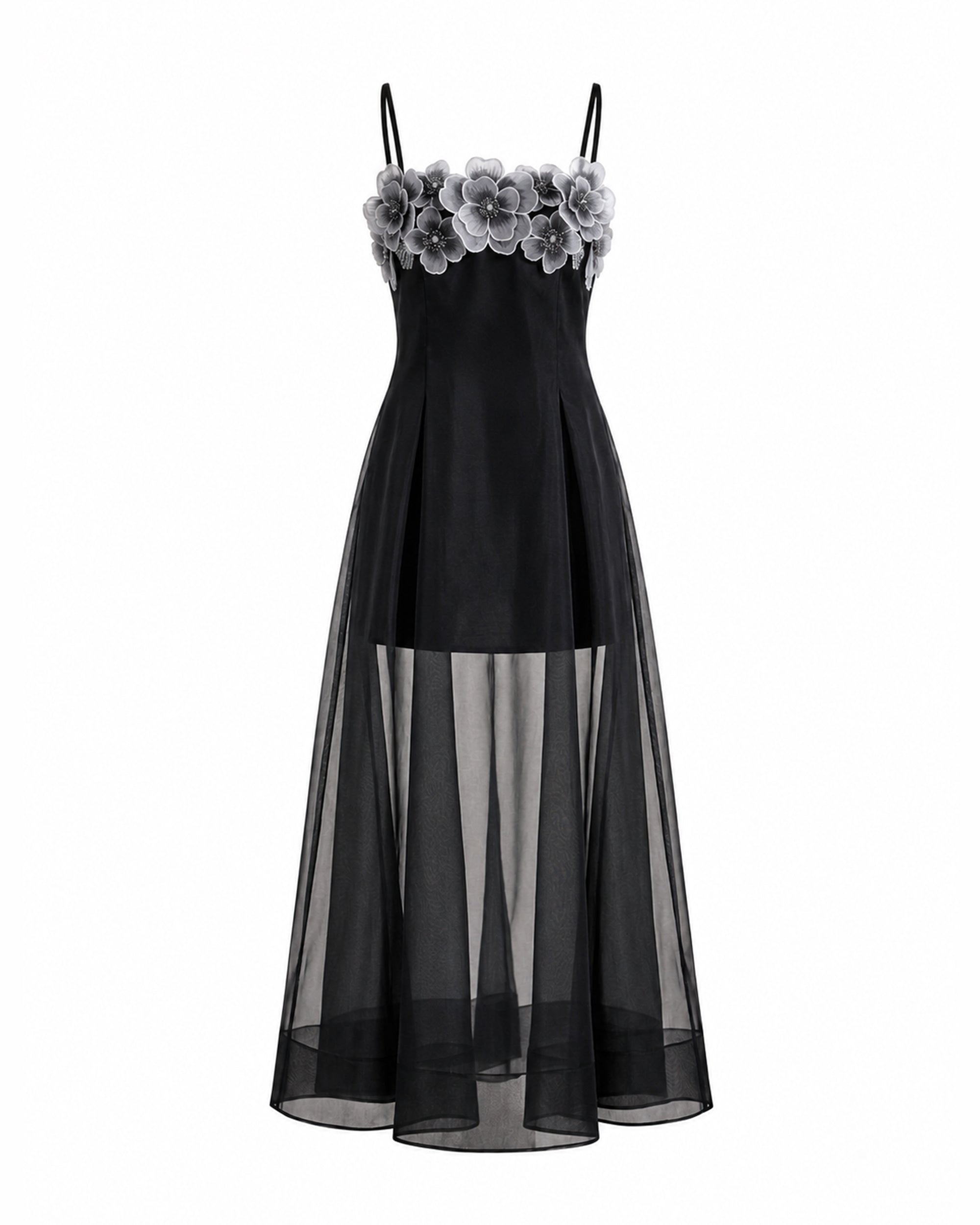 Floral Embroidered Sheer Layered Maxi Dress - Black
