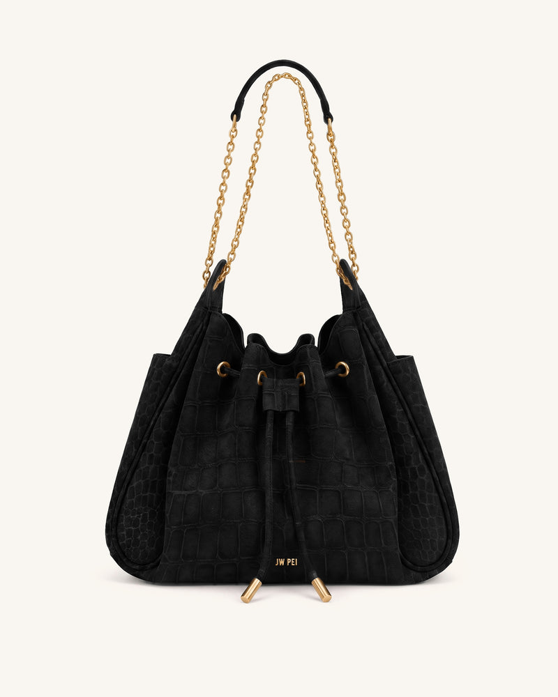 Rowan Faux Suede Drawstring Chain Bucket Bag - Cool Black Croc