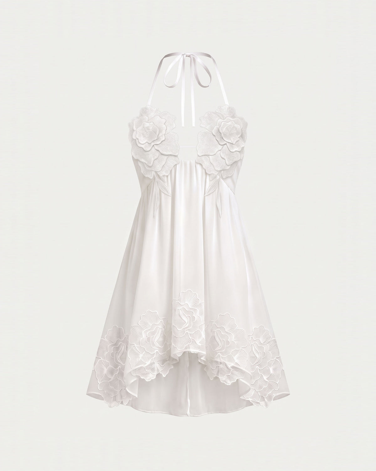 Flower Embroidered Halter Babydoll Mini Dress - White