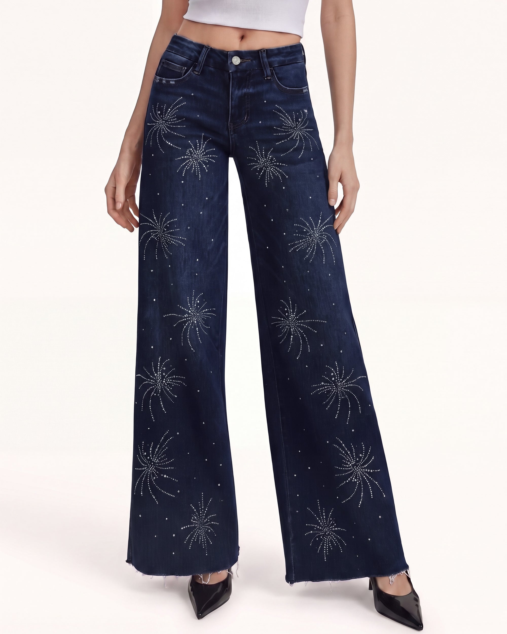 The Firework Rhinestone Wide-Leg Jeans - Mood Indigo