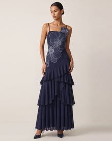Orchid Embroidered Ruffled One-Shoulder Maxi Dress - Navy