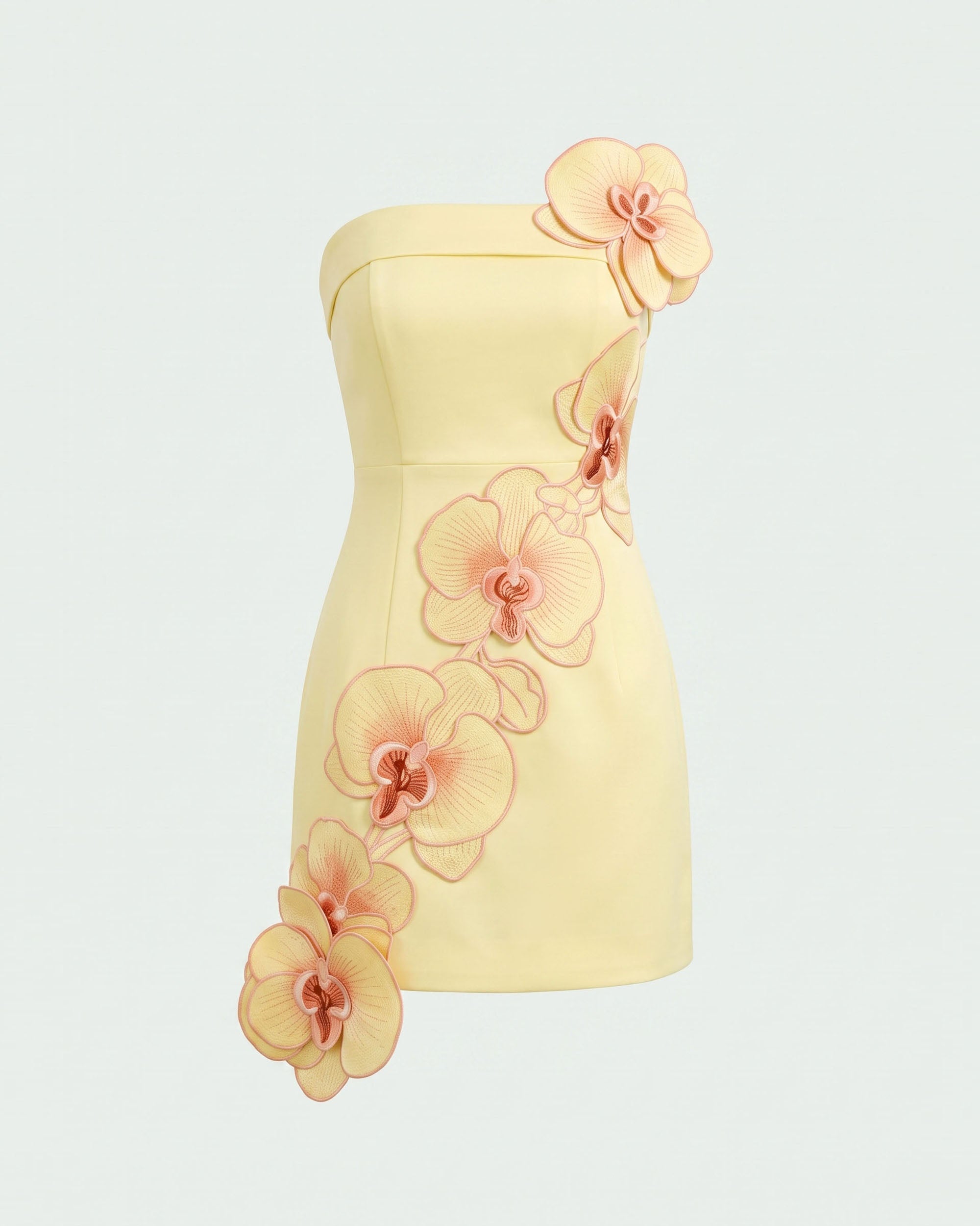 Orchid Embroidered Floral Appliqué Strapless Mini Dress - Light Yellow