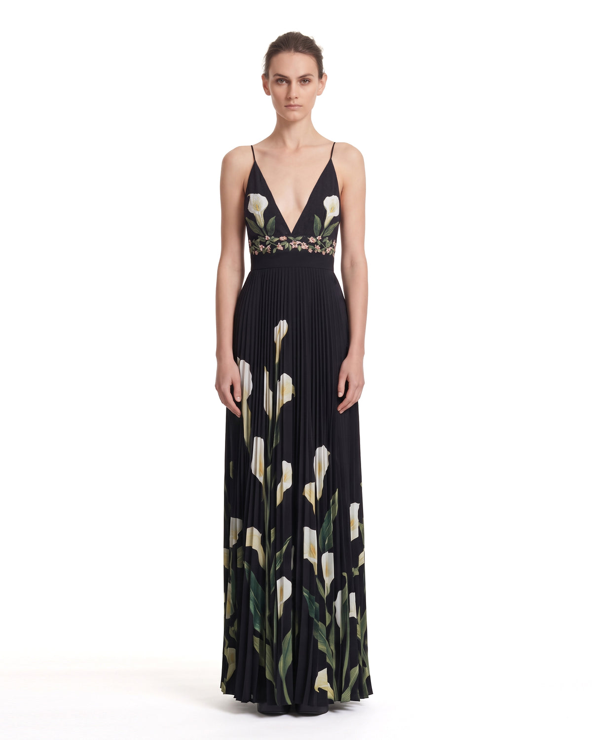 Calla Lily Printed Deep V-Neck Pleated Cami Dress - Black