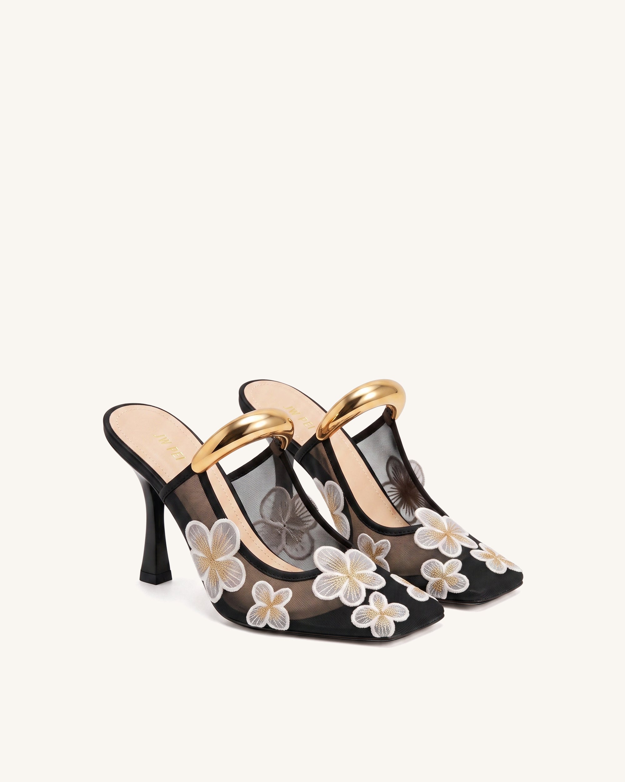 Mireille Pierced Floral Embroidered Appliqué Mesh Mules - Black