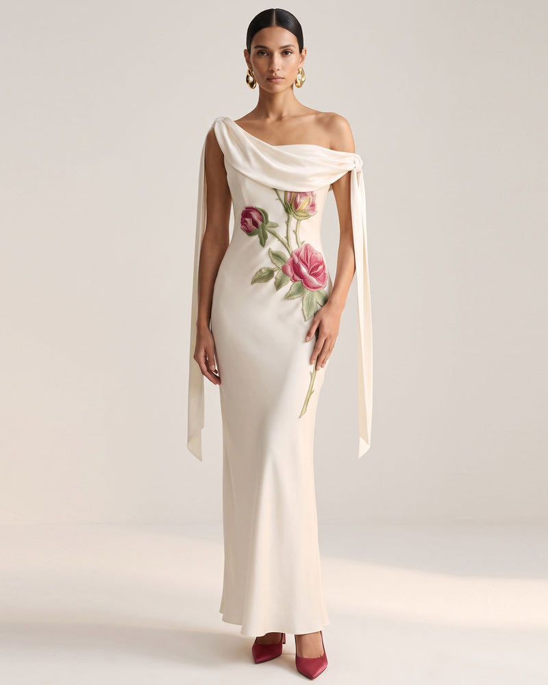 Rose Embroidered One-Shoulder Drape Gown - Pure White