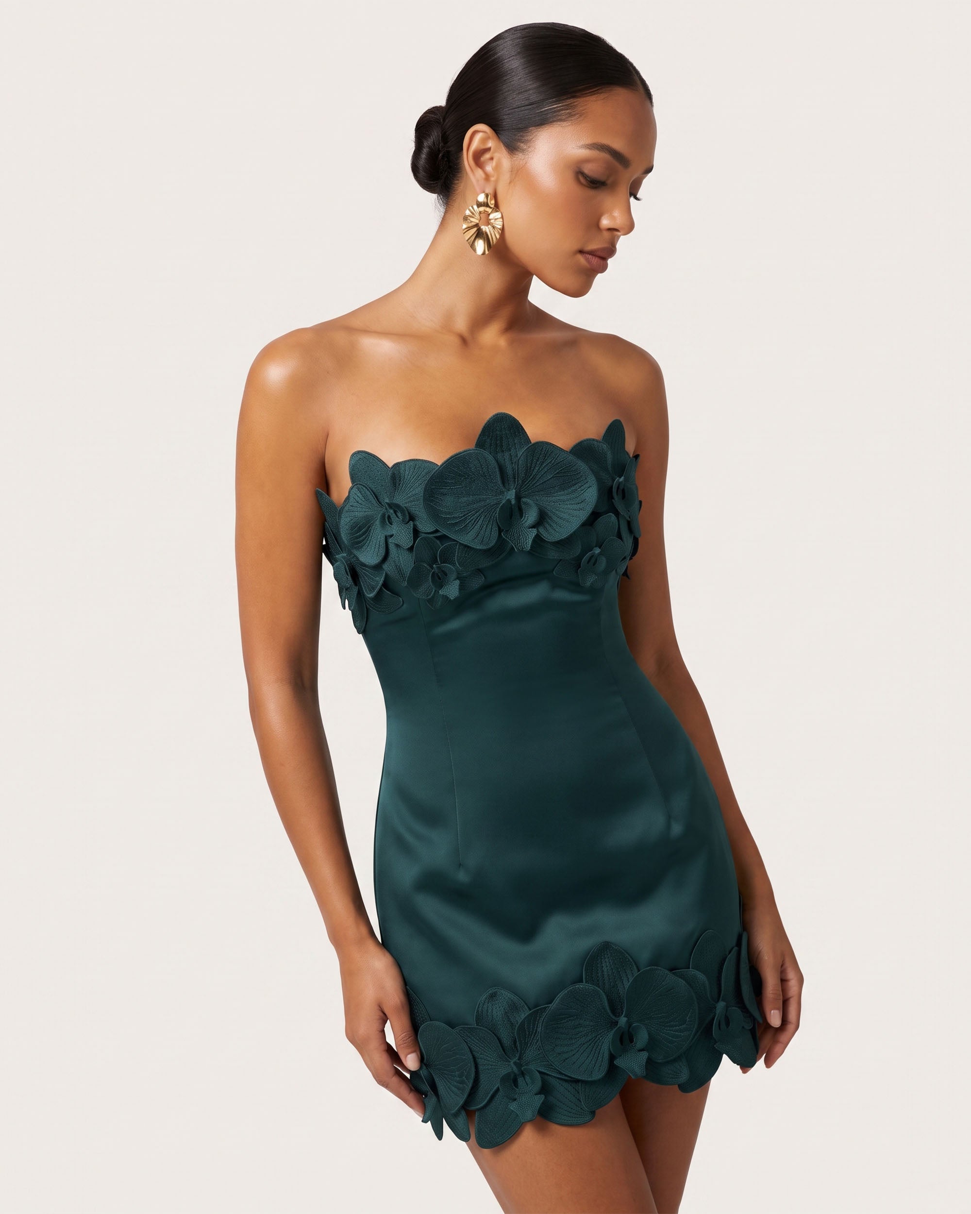 Orchid Trim Strapless Mini Dress - Dark Green