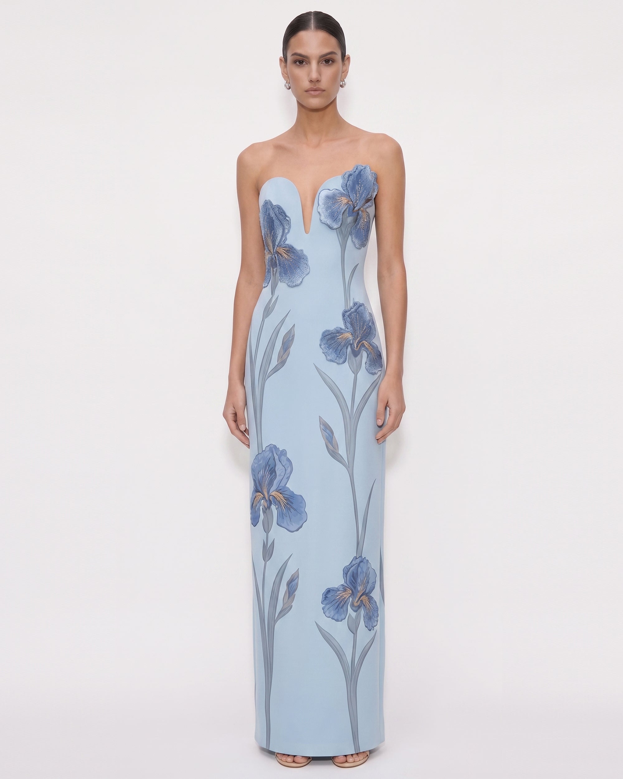 Iris Embroidered 
Notch Neck Strapless Maxi Dress
 - Light Blue