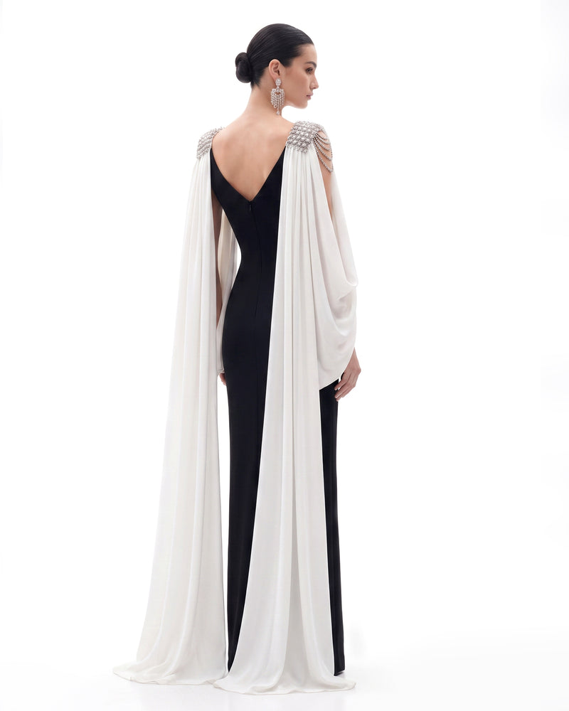 Crystal Shoulder Cape Maxi Dress - Black & Ivory