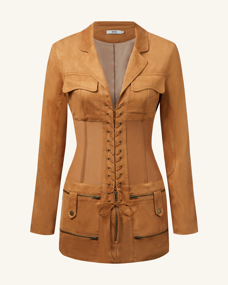 Faux Suede Corset Jacket Mini Dress - Camel