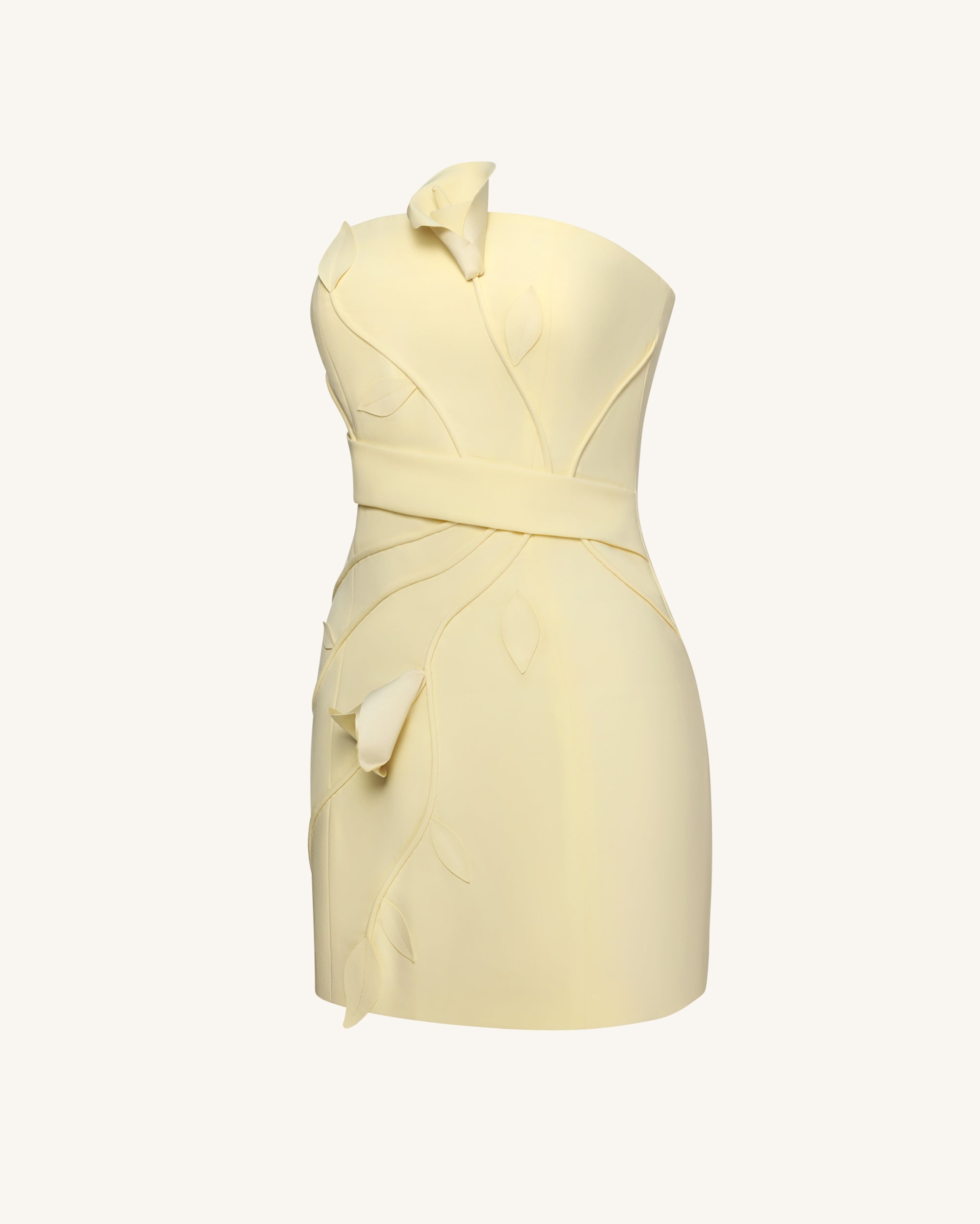 3D Floral Appliqué Strapless Mini Dress - Yellow