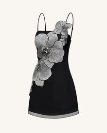 Orchid Appliqué Mini Dress - Black/Silver